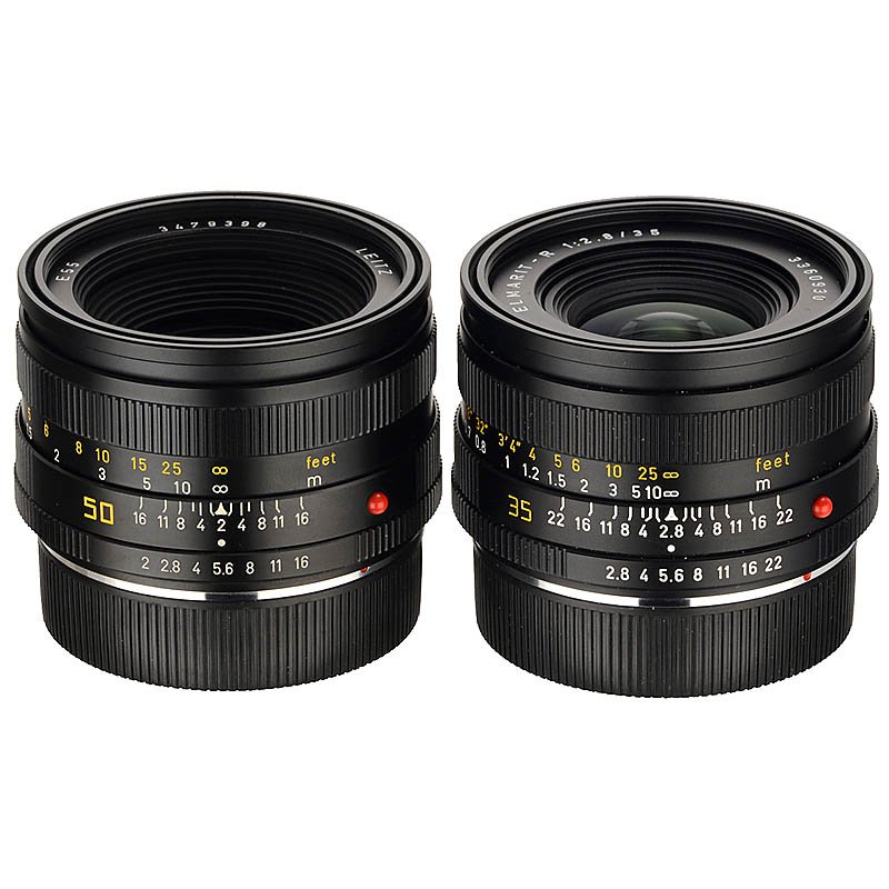 2 Leica-R Lenses for R-Cameras: 2 Leica-R Lenses for R-Cameras Leitz, Wetzlar and Canada. 1) Elmarit-R 2,8/35 mm, no. 3360930 (only R), box. – And: 2) Summicron-R 2/50 mm, no. 3479398 (only R). 2 Leica-R Objektive für R-Kameras L