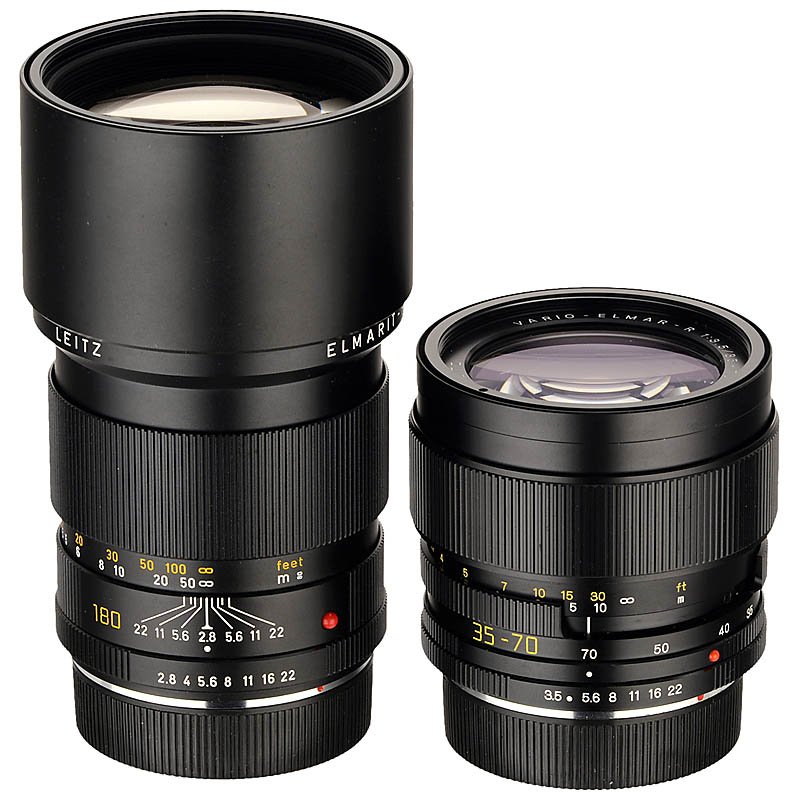 2 Leica-R Lenses, 3 Cam: 2 Leica-R Lenses, 3 Cam 1) Leitz, Solms. Elmarit-R 2,8/180 mm, with case and box. (2+/2+) – And: 2) Leitz Vario-Elmar 3,5/35–70 mm, E60, with case and box. (2/2) 2 Leica-R Objektive, 3 Cam 1) Leit