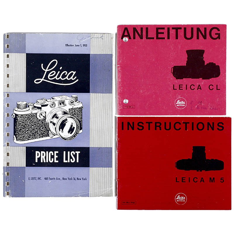 Leica Price List and Leica Instructions: Leica Price List and Leica Instructions 1) "Price List", June 1953, 59 pages. – 2–3) Instructions "Leica M5", English, and "Leica CL", German. "Leica Price List" und Leica-Anleitungen 1) Amerikani