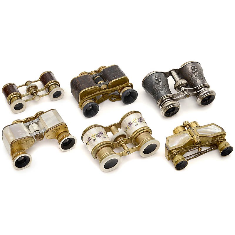6 Opera Glasses, c. 1930: 6 Opera Glasses, c. 1930 1) French, Chevalier/Paris, barrels decorated with embossed aesthetic scenes of birds and cherry branches. – 2) Voigtländer, Perkeo, prism glass, barrels covered with repti