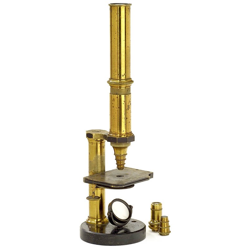 Brass Microscope by "Engelbert u. Hensoldt, Wetzlar",: Brass Microscope by "Engelbert u. Hensoldt, Wetzlar", pre 1870 (pre-Leitz!) Serial no. 135, lacquered brass, circular black iron stand with additional mounting hole. Original mirror. Objectives no. 1,