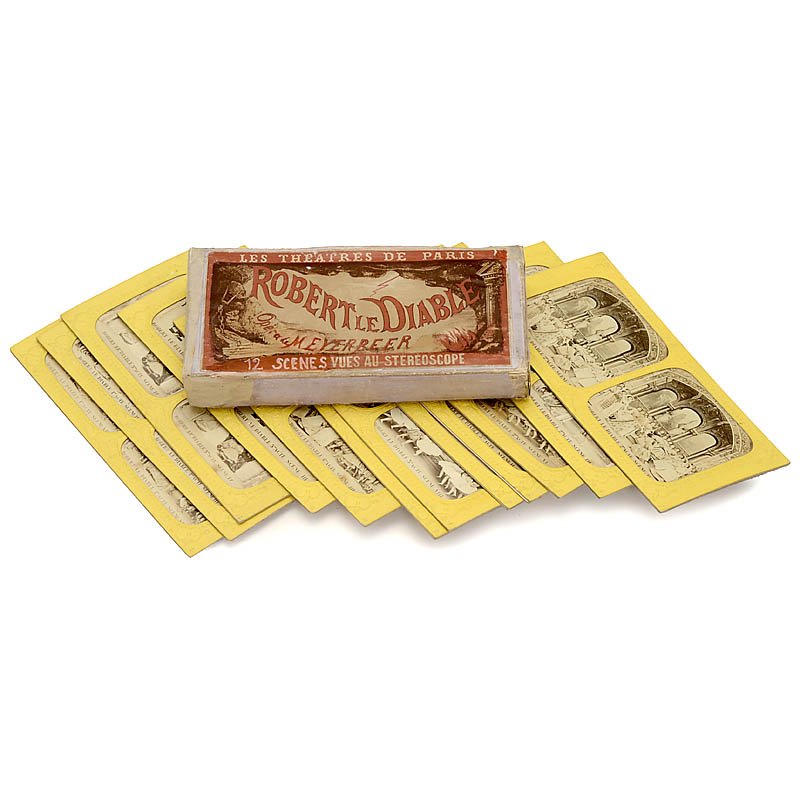 French-Tissue Stereo Card Set: French-Tissue Stereo Card Set Presumably "Des principales collection B.K.". Complete set with 12 cards from the series "Les Théatres de Paris", series "Robert le Diable". Very nice set with box (not 