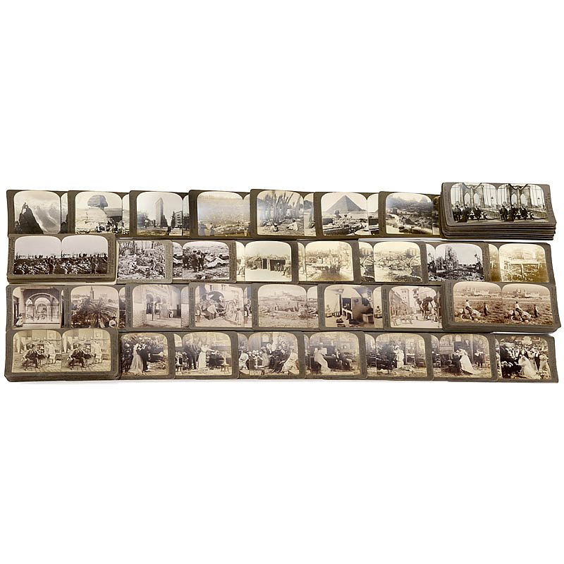 96 Stereo Cards 9 x 18 cm: 96 Stereo Cards 9 x 18 cm 18 x Underwood (pictures of a marriage), 27 x Underwood (Spain), 17 x Underwood and Neue Photographische Gesellschaft (World War I) and 34 x American Stereoscopic (mixed: USA