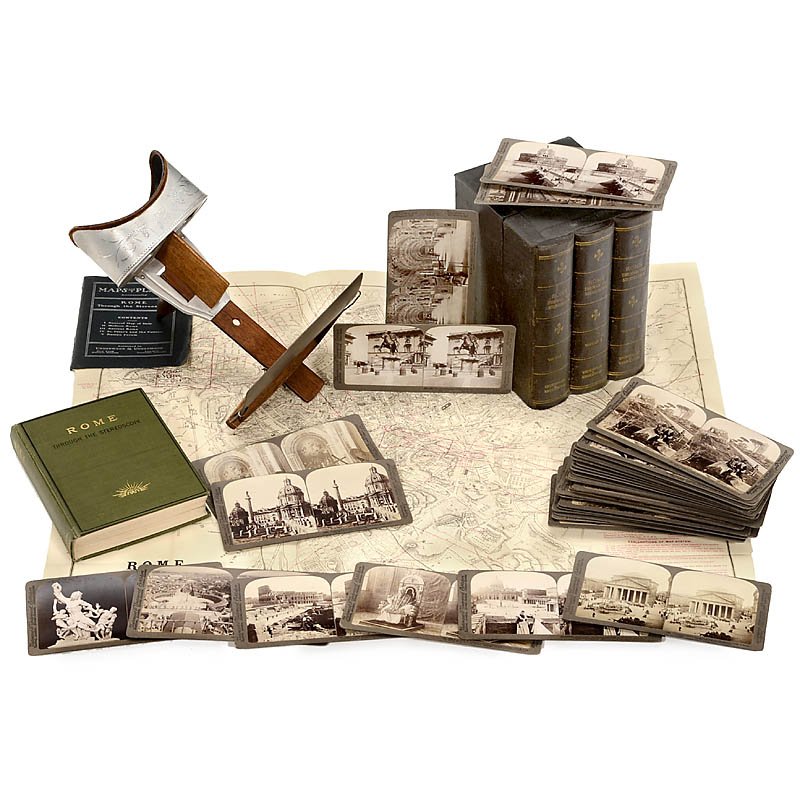 Stereo Cards "Rome" by Underwood with Book, 1902: Stereo Cards "Rome" by Underwood with Book, 1902 Underwood and Underwood. Complete set with 46 stereo cards 9 x 18 cm with booklet and fold-out map. With underwood stereo viewer "System Holmes". Stere