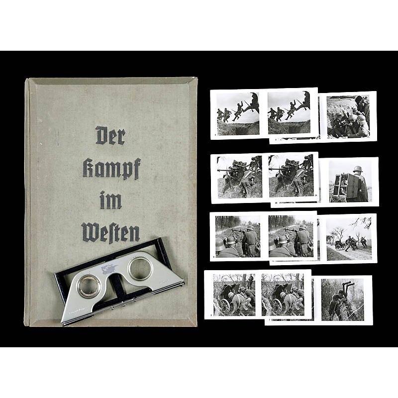 Raumbild Slipcase "Der Kampf im Westen", 1940: Raumbild Slipcase "Der Kampf im Westen", 1940 Raumbild-Verlag Otto Schönstein, Munich. 64 pages, 7 plates, 96 stereo cards (no. 84, 89, 91 and 99 missing), 6 x 13 cm, with viewer. Raumbild-Album "Der