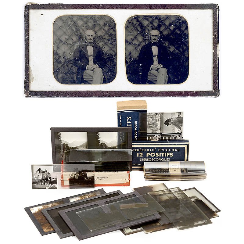 Stereo Ambrotype and Stereo Slides: Stereo Ambrotype and Stereo Slides 1) Stereo ambrotype, c. 1860, size 85 x 170 mm, portrait of gentleman. Ambrotype with crack, original frame. (3-/–) – And: 2) Approx. 50 stereo slides (glass and