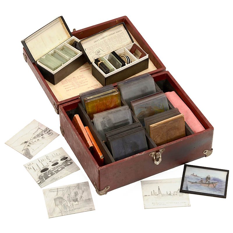 3 Kits for Making Magic Lantern Slides at Home, c. 1920: 3 Kits for Making Magic Lantern Slides at Home, c. 1920 Two "Mills Miniature Slide Outfits" for 1 ½ and 2 in. slides, one with instruction sheet, and "Keystone Handmade Lantern Slide Outfit" for 3 ¼