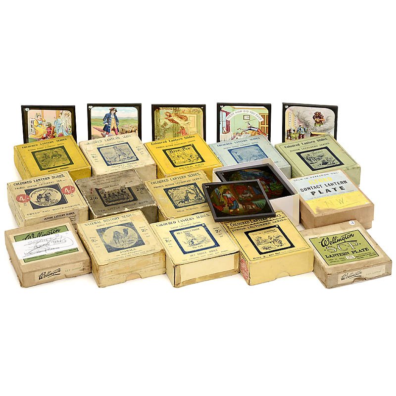 Large Group of 3 ¼ in. Magic Lantern Slides: Large Group of 3 ¼ in. Magic Lantern Slides 15 boxes containing colored illustrations of mainly fairy-tales and children's stories, including Robin Hood, Peter Pan, Aladdin, Gulliver's Travels and ot