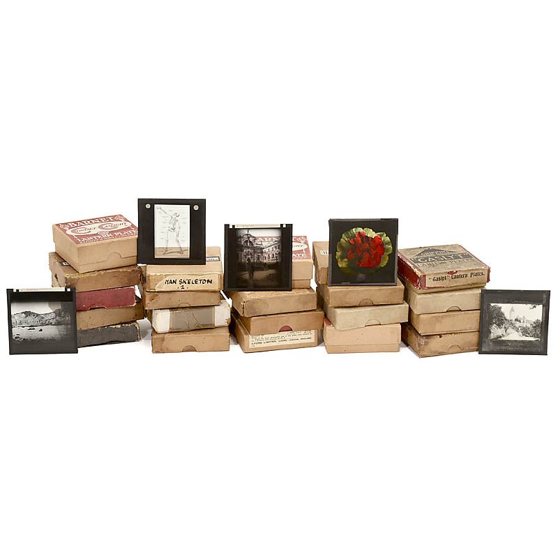 Large Group of 3 ¼ in. Photographic Magic Lantern: Large Group of 3 ¼ in. Photographic Magic Lantern Slides 22 boxes of numerous b/w subjects, including topo graphical views of Jerusalem and Czechoslovakia (1938), medicine, fashion illustrations and