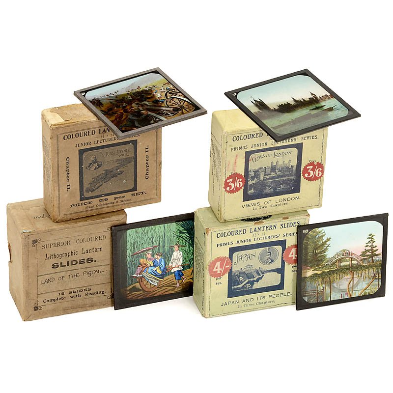 4 Sets of 3 ¼ in. Magic Lantern Slides: 4 Sets of 3 ¼ in. Magic Lantern Slides 3 x Far Eastern subjects, Primus colored illustrations of "Japan and its People", "The Russo-Japanese War" and "Land of the Pigtail". With Primus "Views of Lond