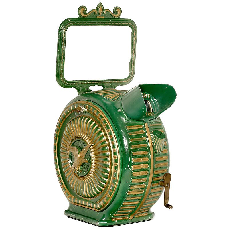 Indian Head Clamshell Mutoscope: Indian Head Clamshell Mutoscope Early cast-aluminum replica, with advertising head, detachable side with lock and key, including original mechanical parts by Mutoscope & Biograph Co., New York (crank,