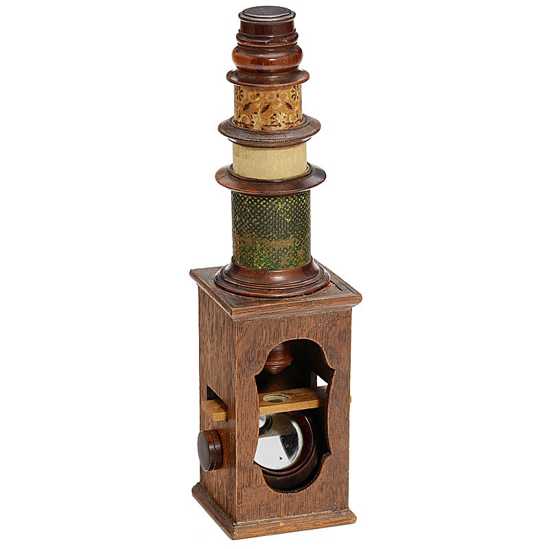 JFF Nuremberg Compound Monocular Microscope, c. 1790: JFF Nuremberg Compound Monocular Microscope, c. 1790 Box-type, hardwood, outer tube covered with fishskin-patterned cardboard, draw tubes covered with paper, base branded "JFF" in circle, screw-on dus
