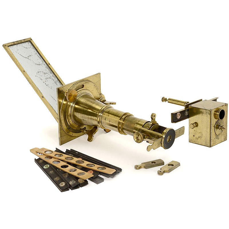 Large Solar Microscope by Harris & Co., c. 1770: Large Solar Microscope by Harris & Co., c. 1770 Signed: "Wm. Harris & Co. 50 Holborn London", original lacquered brass, rack-and-pinion focusing, 2 ¾ x 10¼-inch mirror, overall length 17 ¾ in., 1 o