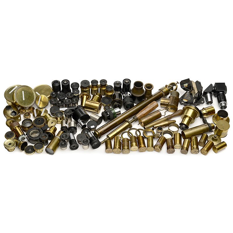 Collection of Microscope Spare Parts and Accessories,: Collection of Microscope Spare Parts and Accessories, from 19th Century For 19th century and later instruments: objective cases (mostly marked), ocular lenses, objectives, nosepieces, clips, magnifier