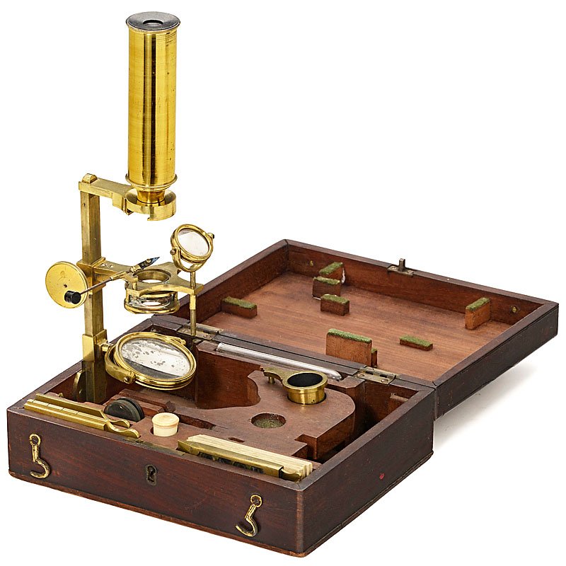 Early Cary-Type Compound Monocular Microscope, c. 1810: Early Cary-Type Compound Monocular Microscope, c. 1810 All brass, original lacquer, with rack-and-pinion adjustment, single mirror, 2 brass slides with 2 and 6 lenses, bull's-eye condenser, live-box, 