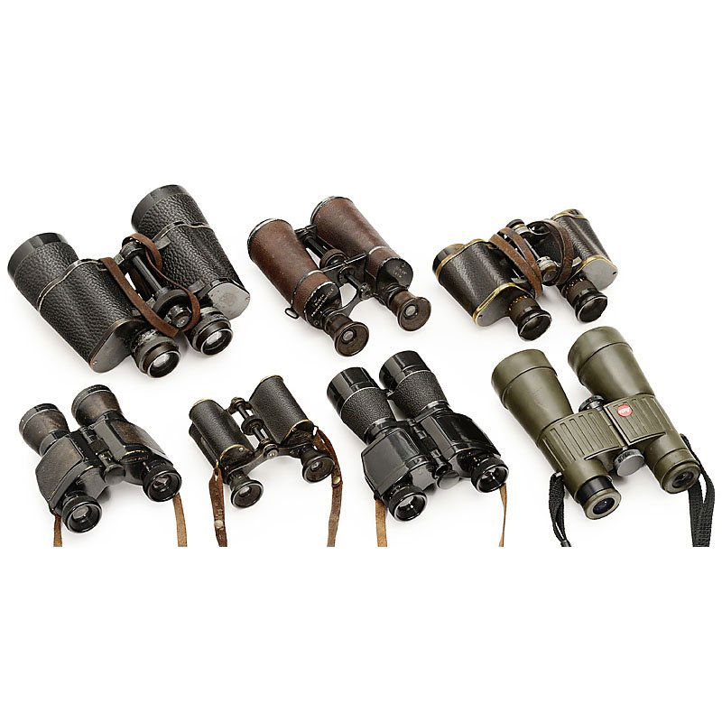 7 German Binoculars, from 1910: 7 German Binoculars, from 1910 1) Carl Zeiss, Jena, Dekarem 10 x 50. – 2) Leitz, Trinovit. – 3) Goerz, Berlin, Pagor. – 4) Möller, Wedel, Marox 8 x 32. – 5) Busch, Prisma-Binocle, Terlux. –