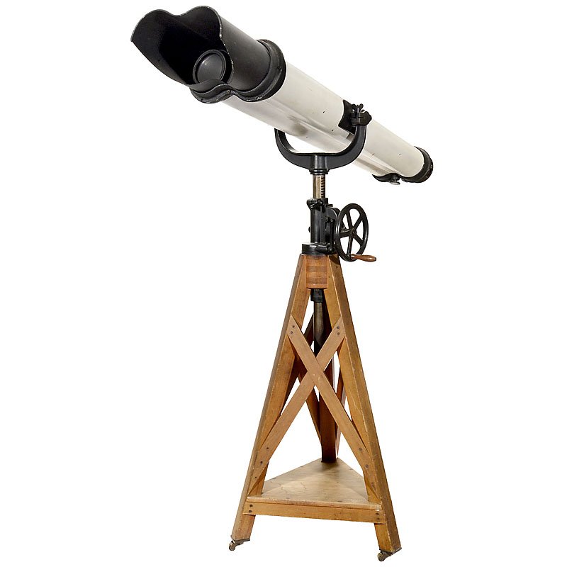 Asaltur Binocular Observation Telescope by Carl Zeiss,: Asaltur Binocular Observation Telescope by Carl Zeiss, c. 1930 Carl Zeiss, Jena. With two 4¼-inch objectives, focal length 51 ¼ in., overall length 62 in., on original wooden pyramidal stand with el