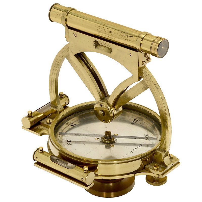 English Cradle-Type Plain Theodolite by "Hyde", c. 1840: English Cradle-Type Plain Theodolite by "Hyde", c. 1840 Compass engraved: "J.M. Hyde, Bristol", brass, silvered 6-inch compass, 2 bubble levels (1 x dry), length of the telescope 6 ¾ in., in mahogany
