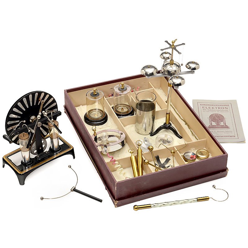 Wimshurst Machine and Experiment Box, c. 1910: Wimshurst Machine and Experiment Box, c. 1910 Probably by "Gebrüder Bing", Nuremberg. 1) Self-generating electrostatic machine of Wimshurst pattern, with 7 ½ in. diameter vulcanite discs and iron st
