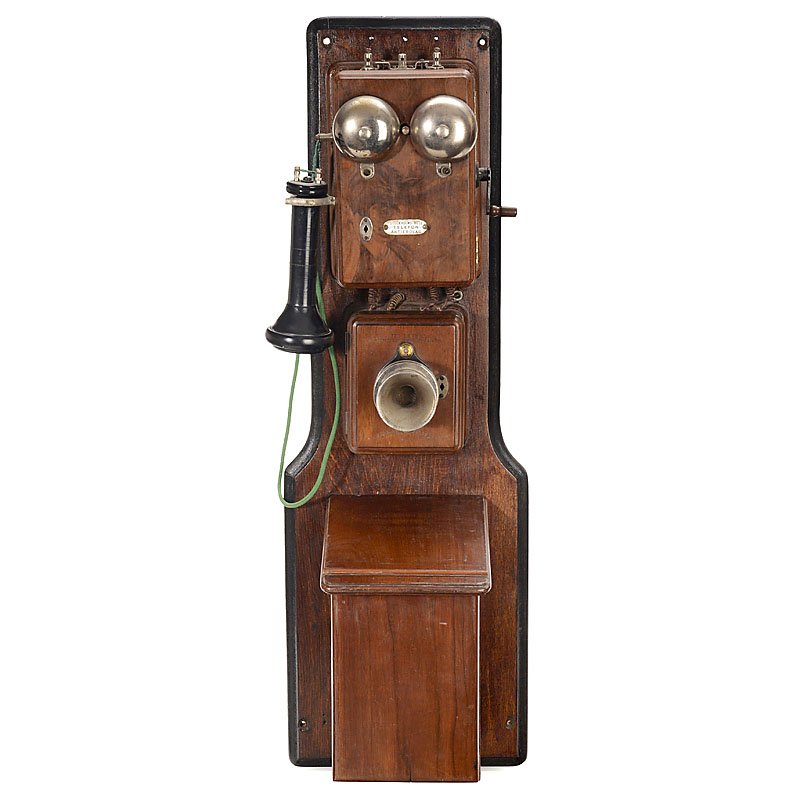 Large "Alexander Graham Bell" Wall Telephone, 1880: Large "Alexander Graham Bell" Wall Telephone, 1880 American three-box export model for the Swedish market, with enamel sign "Stockholm Bell Telefon Aktiebolag", "Blake" microphone, "Bell" receiver, cr