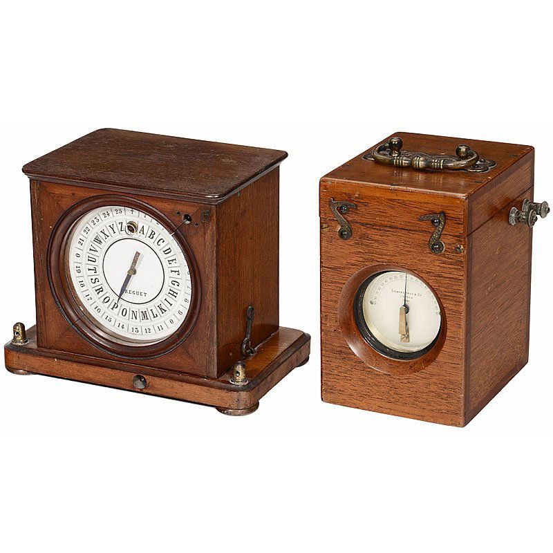 Dial Telegraph and Galvanometer: Dial Telegraph and Galvanometer 1) Early dial telegraph by Breguet, receiver, c. 1850. – And: 2) Portable galvanometer by Siemens Bros., London, with plug resistance under the lid, c. 1880. Zeigerte