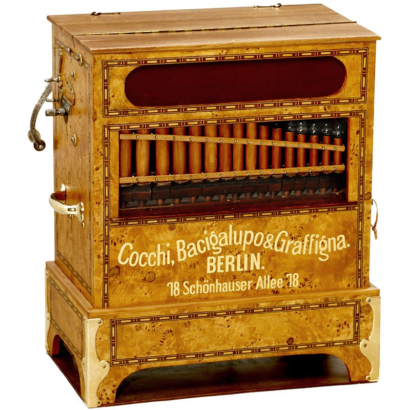 8-Air Barrel Organ by "Cocchi, Bacigalupo & Graffigna",: 8-Air Barrel Organ by "Cocchi, Bacigalupo & Graffigna", 1890 Berlin, Schönhauser Allee 18, 1 stop, 26 notes, front with panflutes, bass pipe under the bottom, barrel by "L. Bacigalupo", very good res