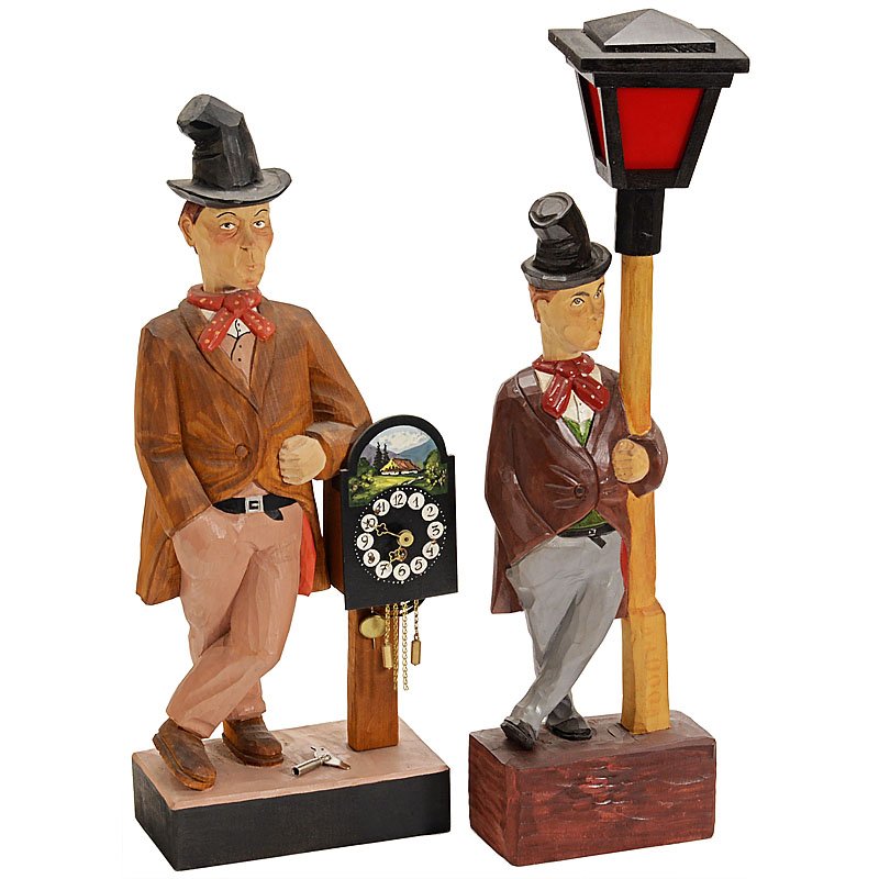 2 Carved Limewood Whistling Automatons by Griesbaum: 2 Carved Limewood Whistling Automatons by Griesbaum With articulated heads, torsos with brass going-barrel movements driving bellows, whistles and cams. 1) Depicting a nonchalant drunkard leaning agai