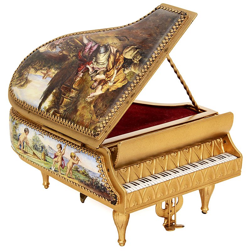 Viennese Miniature Enamel Grand Piano Musical Box, c.: Viennese Miniature Enamel Grand Piano Musical Box, c. 1950 With 2-air cylinder movement, finely-painted lid depicting a gentleman and 2 reclining shepherdesses à la Watteau, sides decorated with imag