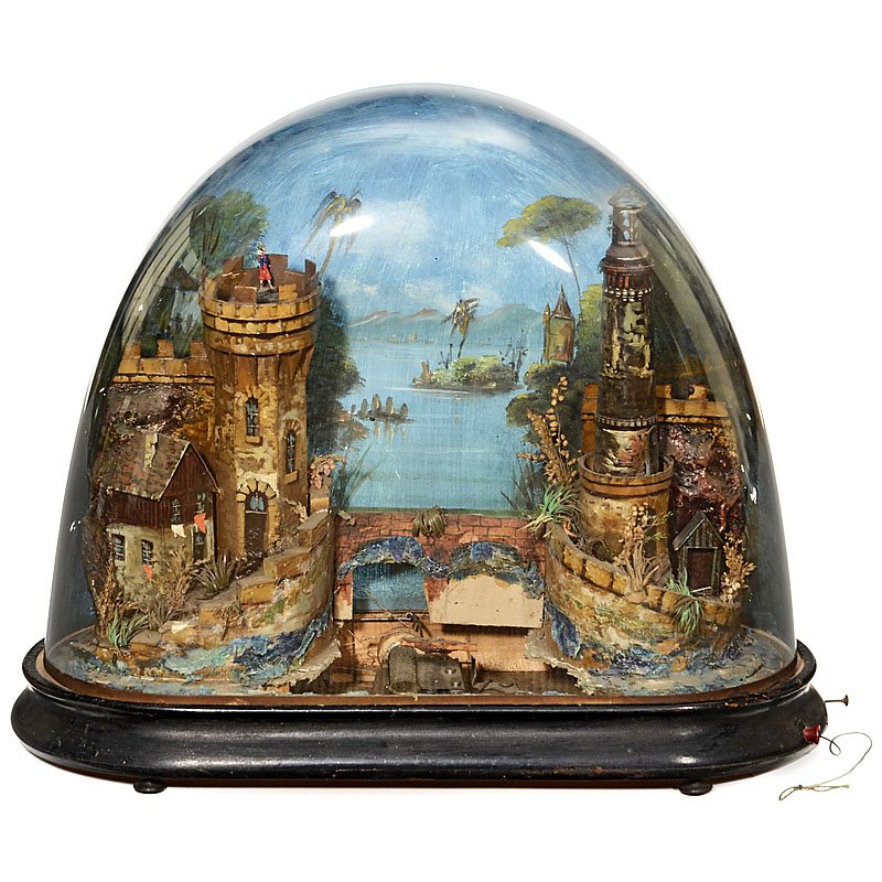 Marine Automaton under Glass Dome, c. 1890: Marine Automaton under Glass Dome, c. 1890 France, with two-air pull-string cylinder movement that controls motions for rocking ship, train crossing a viaduct and a soldier patrolling in tower, painte