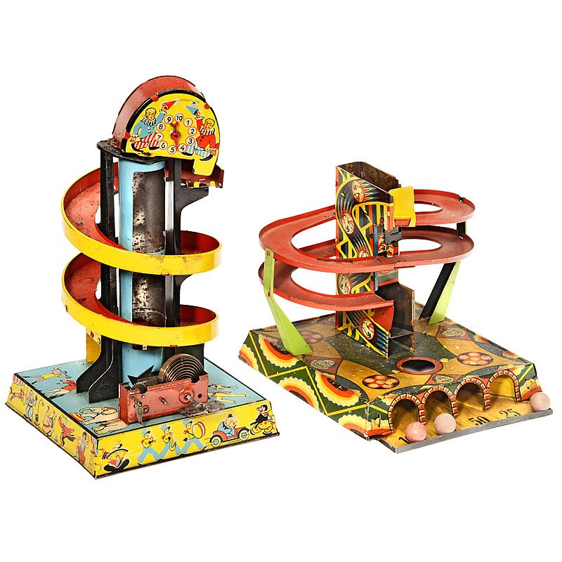 2 Tower Ball Games by Kellermann, c. 1930: 2 Tower Ball Games by Kellermann, c. 1930 Georg Kellermann, Nuremberg; lithographed tin. 1) Clockwork with catapult mechanism, height 9 ½ in., with 3 balls. – And: 2) Mechanical activation, height 