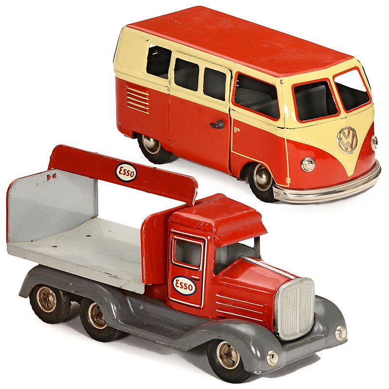2 Lithographed Tin Toys by Göso, c. 1950: 2 Lithographed Tin Toys by Göso, c. 1950 Göso, Fürth, with working clockwork mechanisms. 1) VW bus model T1, opening door, length 7 in. – And: 2) Esso truck, made in U.S.-Zone Germany, length 8 �