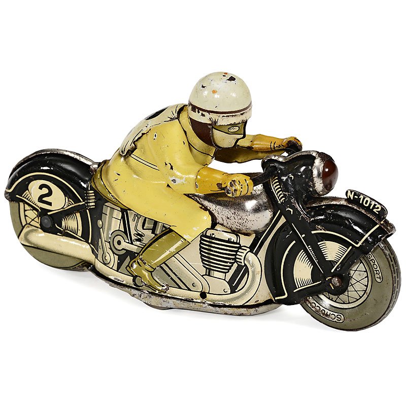Schuco Sport Motorcyclist, from 1937: Schuco Sport Motorcyclist, from 1937 1st version, lithographed tin, clockwork drive, working, length 5 in. Motorradfahrer "Schuco Sport", ab 1937 1. Version, lithographiertes Blech, Federwerk, funktio