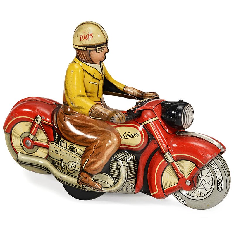 Schuco Carl 1005 Motorcycle, c. 1950: Schuco Carl 1005 Motorcycle, c. 1950 U.S.-Zone Germany, lithographed tin, clockwork, working, length 5 in. Schuco Motorrad Carl 1005, um 1950 U.S.-Zone Germany, lithographiertes Blech, Federwerk, funk