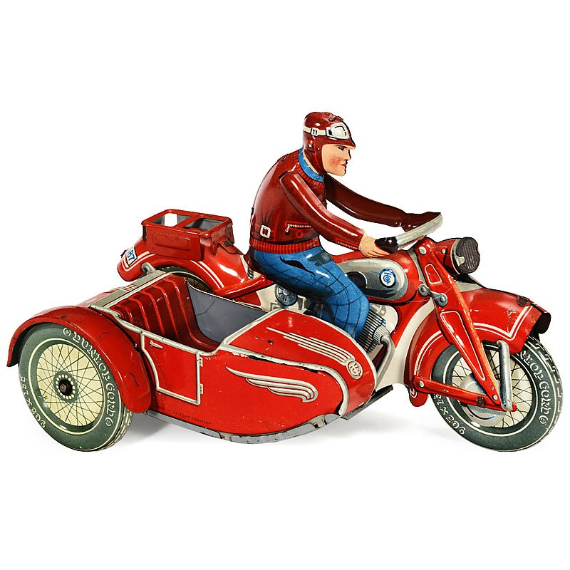 Tippco Motorcycle with Sidecar, from 1948: Tippco Motorcycle with Sidecar, from 1948 No. T 587, U.S.-Zone Germany, lithographed tin, clockwork, working, length 7 ¾ in. Motorrad mit Beiwagen von Tippco, ab 1948 Nr. T 587, U.S.-Zone Germany, li