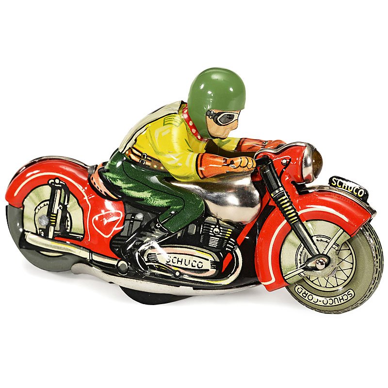 Schuco Motodrill 1006 Motorcycle Racer, c. 1950: Schuco Motodrill 1006 Motorcycle Racer, c. 1950 U.S.-Zone Germany, lithographed tin, clockwork, working, length 5 in. Motorrad "Schuco Motodrill 1006", um 1950 Sportmotorrad aus lithographiertem Blech