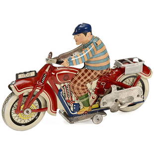Rare Chinese Tin Toy Motorcycle by Kang Yuan, c. 1950: Rare Chinese Tin Toy Motorcycle by Kang Yuan, c. 1950 Shanghai, No. 1106, lithographed tin with clockwork mechanism, working, and company logo (translated): "Kang Yuan, Manufacture of Cans, Tins, Jars