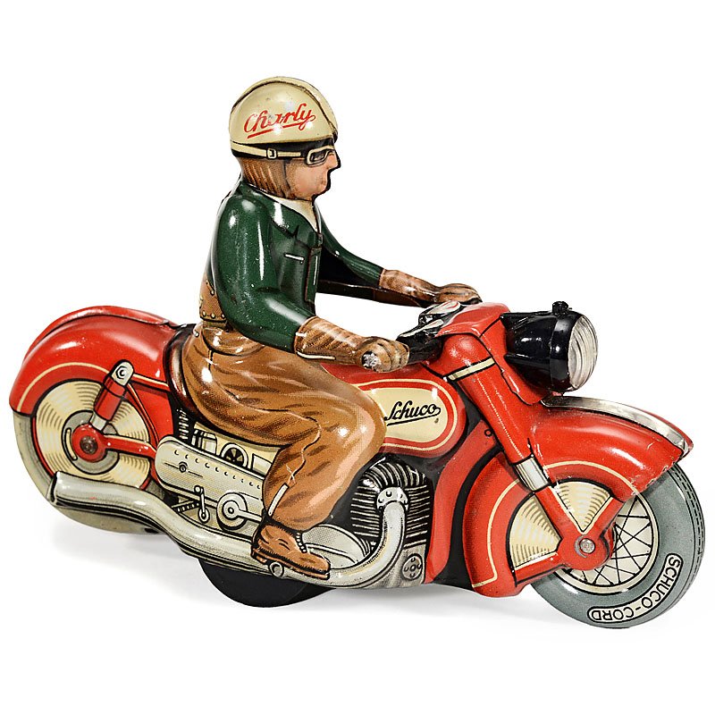 Schuco "Charly 1005" Motorcycle, c. 1950: Schuco "Charly 1005" Motorcycle, c. 1950 U.S.-Zone Germany, lithographed tin, clockwork, working, length 5 in. Motorrad "Schuco Charly 1005", um 1950 U.S.-Zone Germany, lithographiertes Blech, Federwe