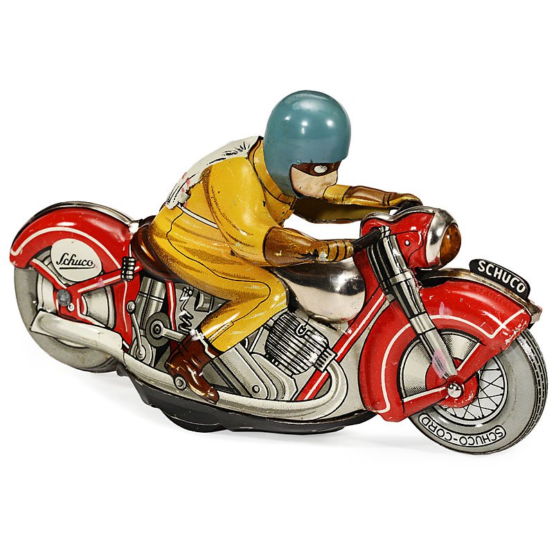 Schuco Mirakomot Motorcycle No. 1012, c. 1955: Schuco Mirakomot Motorcycle No. 1012, c. 1955 Made in U.S.-Zone Germany, lithographed tin, clockwork, working, length 5 in. Mirakomot Motorrad "Schuco" Nr. 1012, um 1950 Made in U.S.-Zone Germany, lit