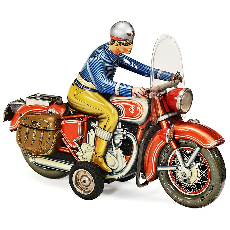 Tippco Big Motorcycle with Saddle Bags, c. 1955: Tippco Big Motorcycle with Saddle Bags, c. 1955 TCO 598, lithographed tin, friction, working, with windshield (slightly torn), length 12 in. Großes Motorrad mit Seitentaschen Tippco 598, um 1955 TCO 