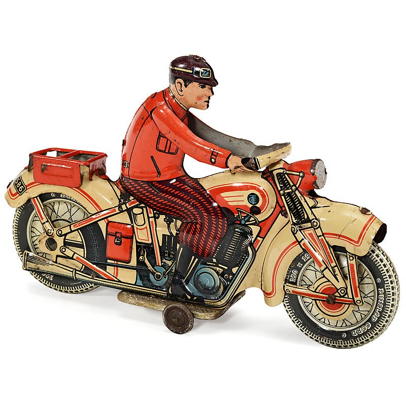 Tippco Motorcycle T 586, c. 1955: Tippco Motorcycle T 586, c. 1955 U.S.-Zone Germany, lithographed tin, clockwork, working, length 7 ¾ in. Motorrad Tippco T 586, um 1955 U.S.-Zone Germany, lithographiertes Blech, Federwerk, funktioni