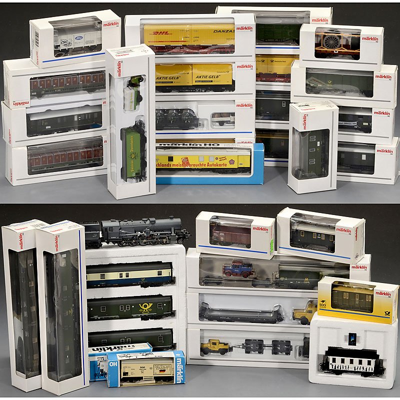 Group of Rolling Stock by Märklin Gauge H0: Group of Rolling Stock by Märklin Gauge H0 Hamo locomotive series 52, no. 8393. Post wagon set no. 41576. 20 post and passenger wagons from the series "Post Museum Shop". 9 further Märklin wagons an