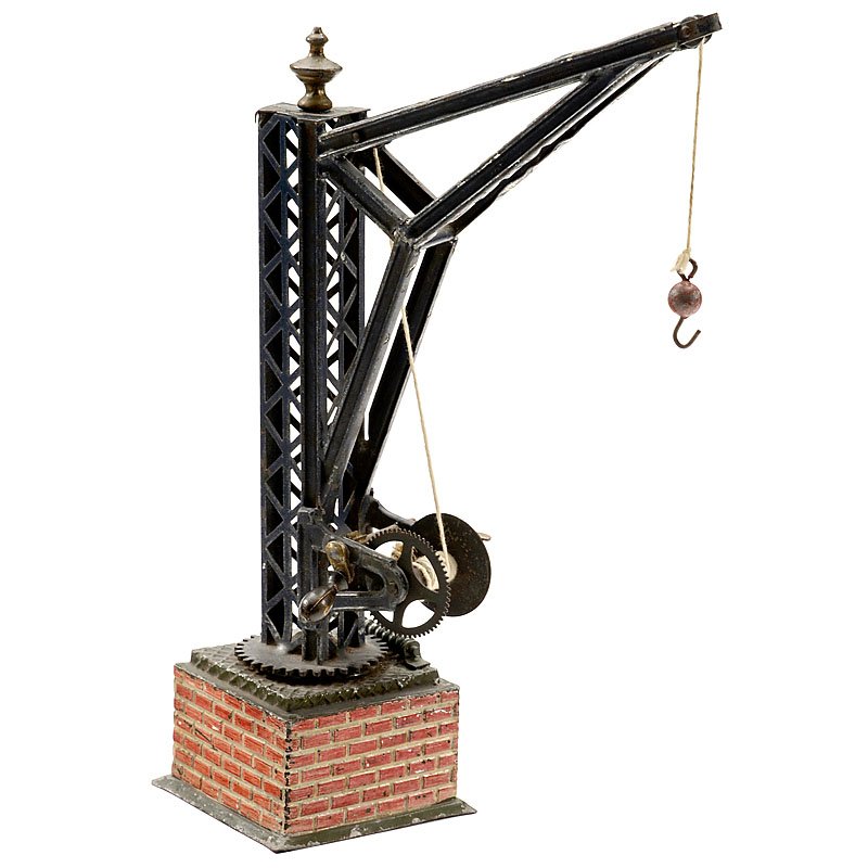 Bing Gauge I Railway Crane, c. 1905: Bing Gauge I Railway Crane, c. 1905 Gebrüder Bing, Nuremberg, hand-painted tin, simulated brickwork, geared turntable, with rope winch, height 11 ½ in. Bing Eisenbahnkran Spur I, um 1905 Gebrüder B