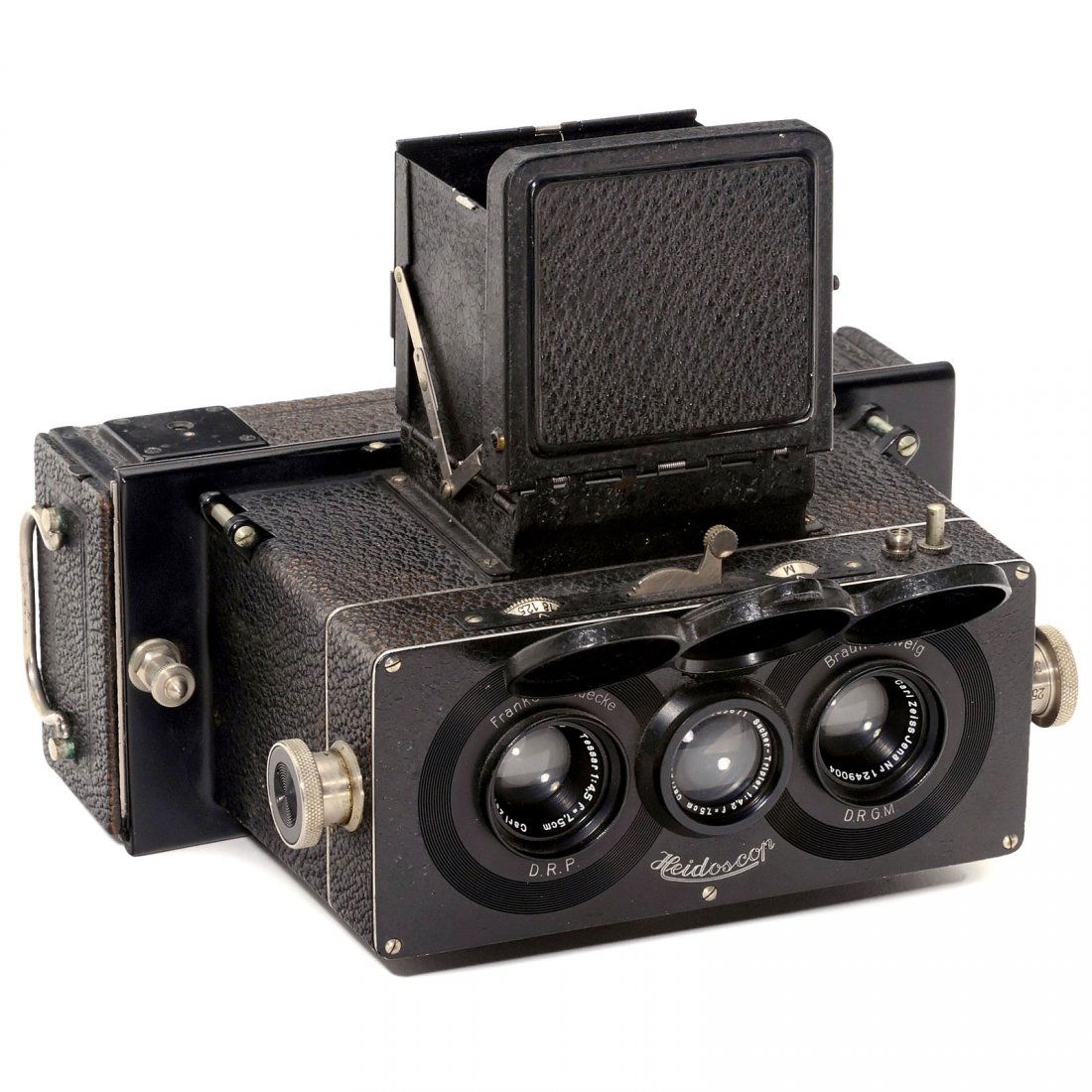 Heidoscop (6 x 13), Fourth Model, 1931: Heidoscop (6 x 13), Fourth Model, 1931 Franke & Heidecke, Braunschweig. Stereo camera for plates of 6 x 13 cm, with magazine, image size of 6 x 6 cm, lenses: Carl Zeiss Jena Tessar 4,5/7,5 cm, viewfin