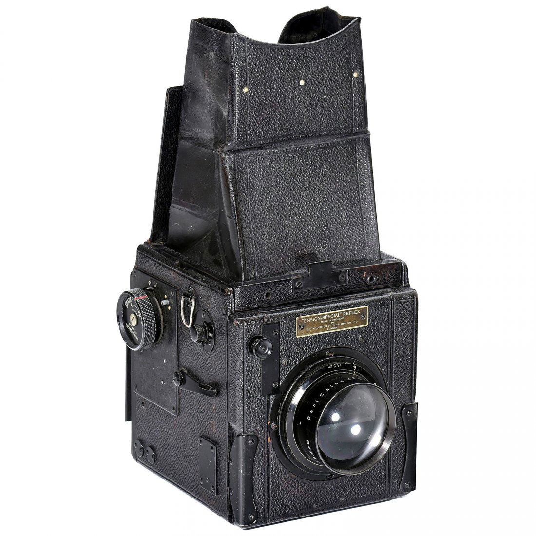Ensign-Special Reflex, c. 1930: Ensign-Special Reflex, c. 1930 Houghton, London. Size 2 ¼ x 3 ¼ in., focal plane shutter 1/15–1/1000 (uneven). With Zeiss Tessar 2,7/14,5 cm, no. 649467. With rollfilm back. Ensign-Special Reflex,