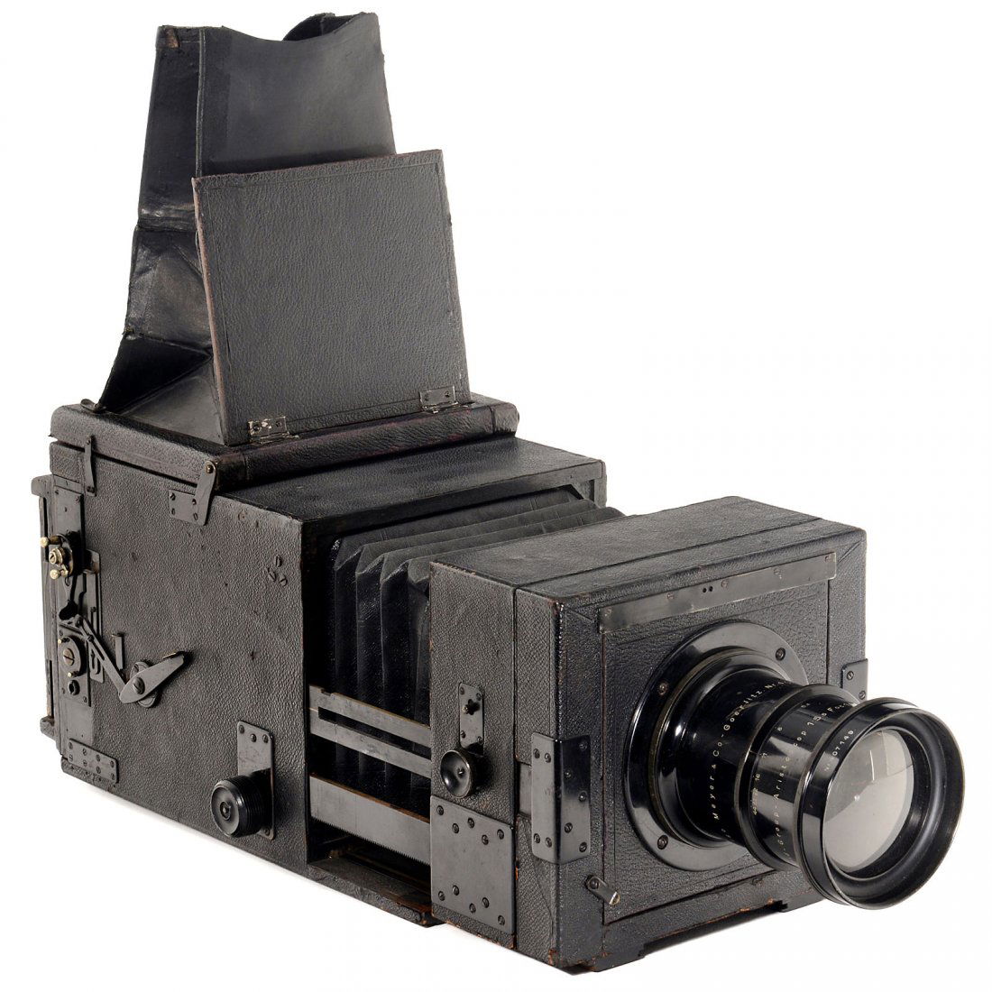 Large Studio Reflex Camera, c. 1920: Large Studio Reflex Camera, c. 1920 Presumably England. Plate size 11,5 x 16 cm, focal plane shutter (working excellently), with rare Hugo Meyer Goerlitz lens "Rapid-Group-Aristoscop 5,5/18 in.", no.