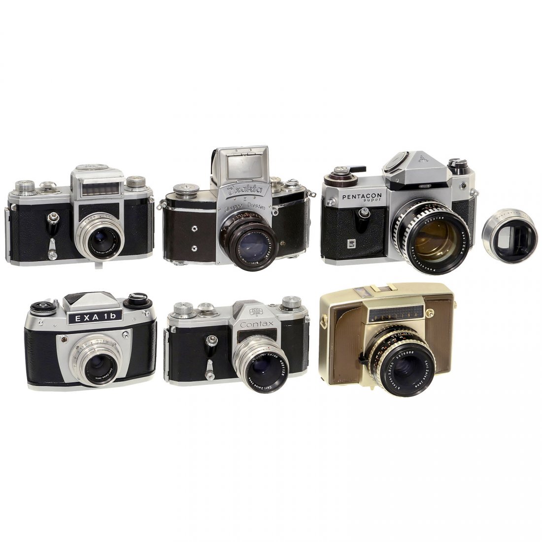 6 East German SLR Cameras: 6 East German SLR Cameras 1) VEB Pentacon. Pentacon Super, Pancolar 1,4/55 mm. – 2) Ihagee. Exakta II, Biotar 2/5,8 cm T. – 3) Ihagee. Exa 1b, Tessar 4,5/40 mm T. – 4) Zeiss Ikon. Contax D, Tess