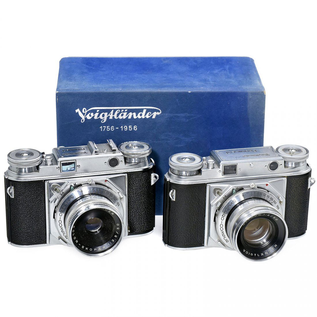 Prominent (I) and Prominent (II): Prominent (I) and Prominent (II) Voigtländer, Braunschweig. 1) Prominent, first version, 1950, no. B 16412, Ultron 2/50 mm. (3/2-) – And: 2) Prominent, second version, 1955, no. B 69339, Color-Skop