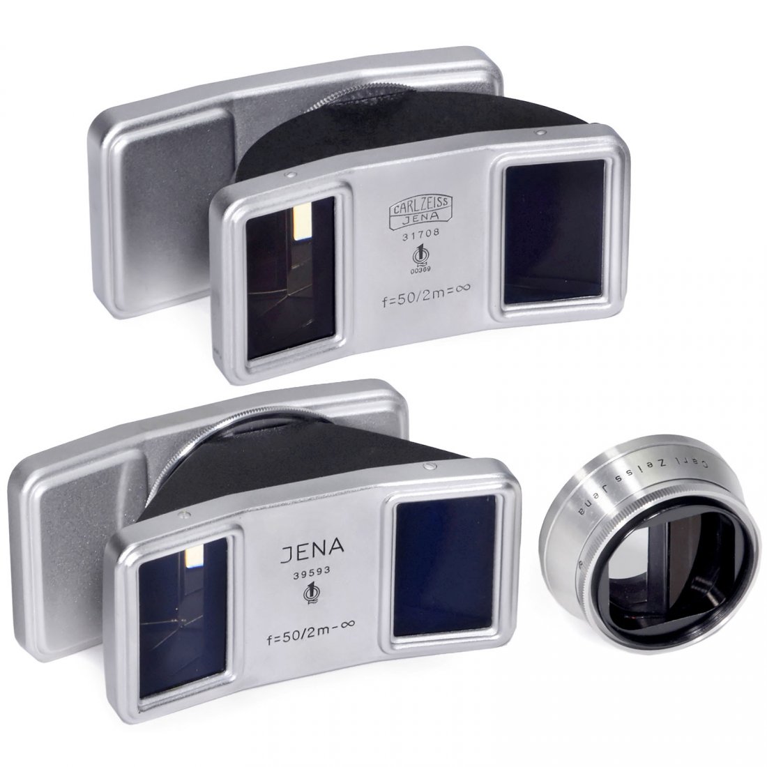 3 Zeiss Stereo Attachments: 3 Zeiss Stereo Attachments Carl Zeiss, Jena. 1) Zeiss stereo attachment 0,15–2m, screw-mount 40,5 mm, for lenses 50 mm, with box. (3/3) – 2) Jena stereo attachment 2m–8, f=50, screw-mount 49 mm,