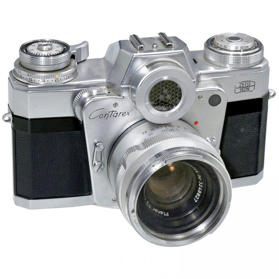 Contarex I "Bull's Eye", Planar 2/50 mm, 1964: Contarex I "Bull's Eye", Planar 2/50 mm, 1964 Zeiss Ikon, Stuttgart. No. Z 19884, 2nd version (but without titeling device), light meter working. With Planar 2/50 mm, no. 3248827. Contarex I "Bull-Aug