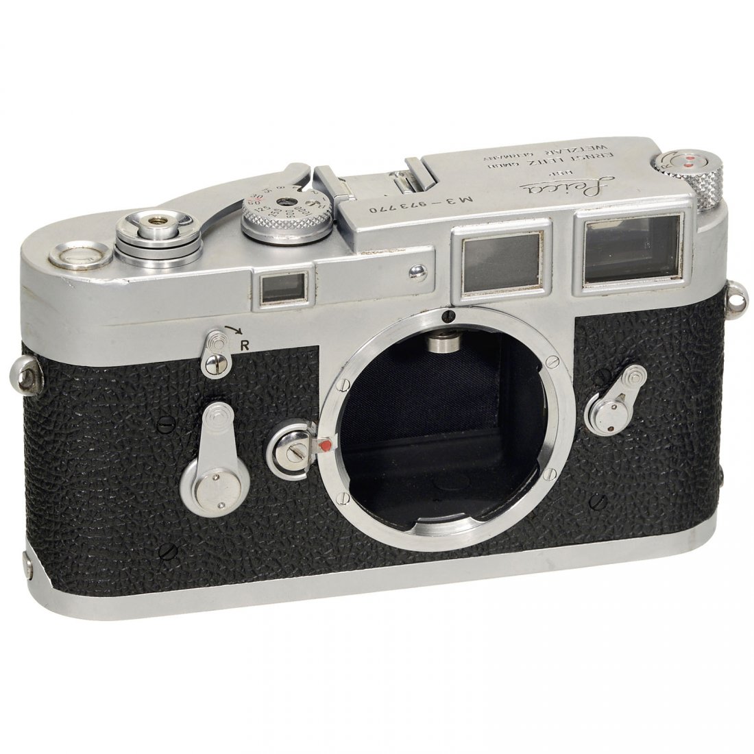 Leica M3, 1959: Leica M3, 1959 Leitz, Wetzlar. No. M3-973770, single-stroke advance, rangefinder slightly uneven. Leica M3, 1959 Leitz, Wetzlar. Nr. M3-973770, Einzelschwung-Auf zug, Entfernungsmesser nicht ganz deck